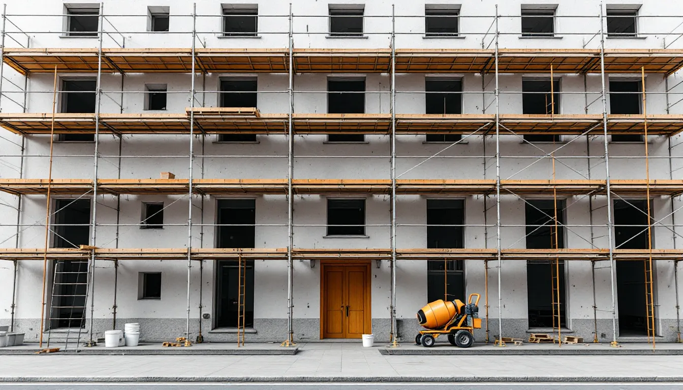 Fachada en rehabilitación con material y herramientas sobre la plataforma