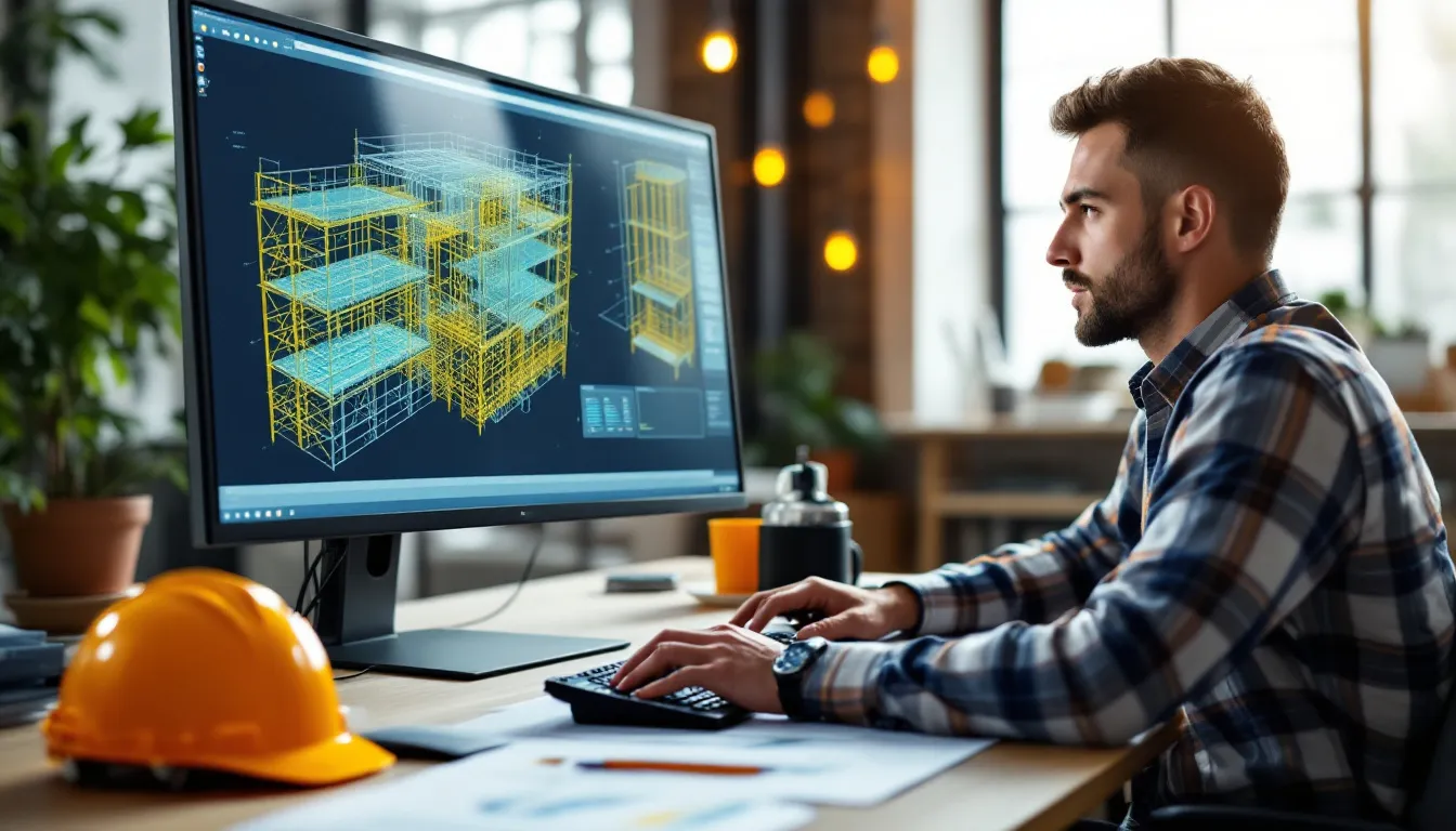 Oficina técnica con un modelo estructural en pantalla