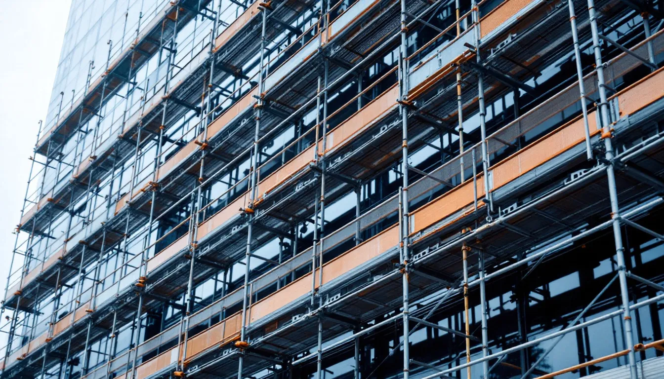 Retícula de andamio multidireccional junto a un edificio moderno