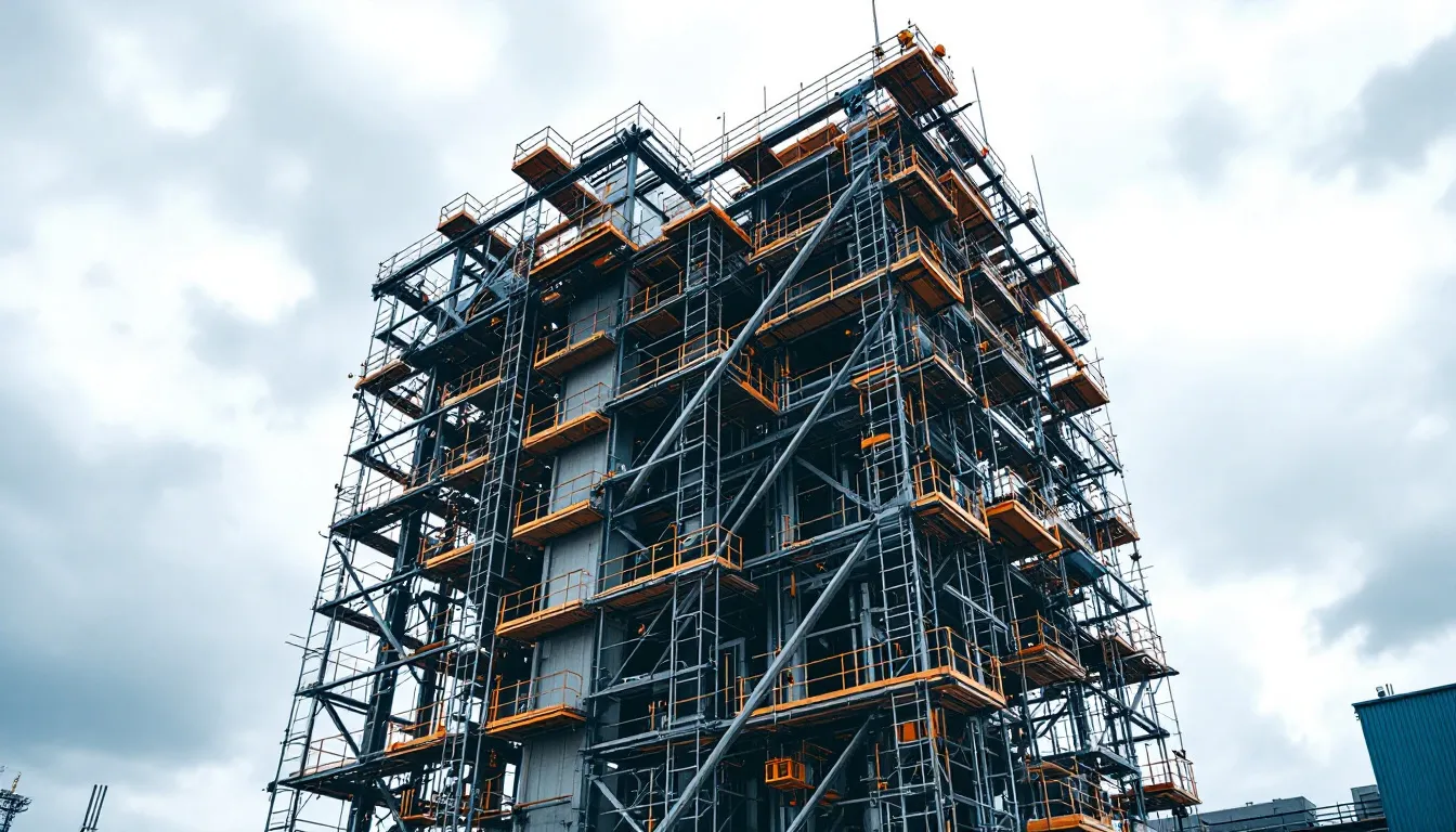Andamio multidireccional alrededor de una estructura industrial de acero