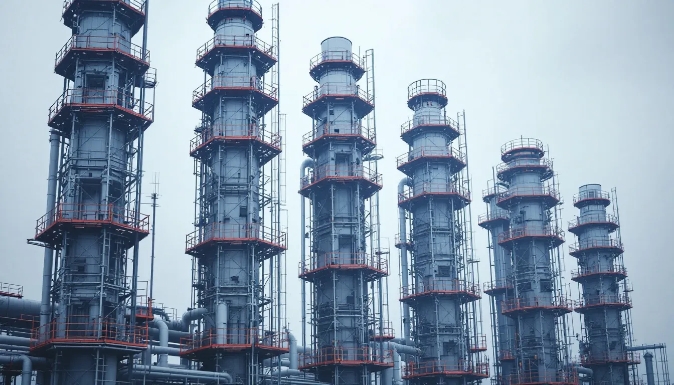 Torres de andamio junto a racks de tuberías industriales