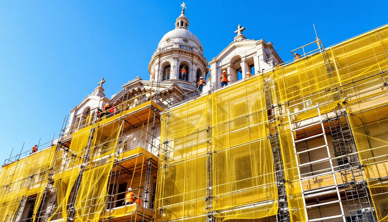 Fachada histórica con cúpula protegida por andamio y malla de seguridad