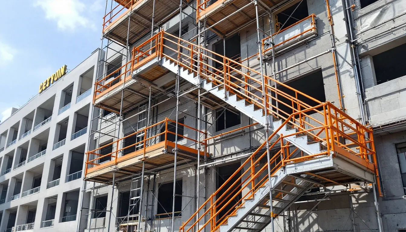 Torre de escalera de andamio con barandillas naranjas